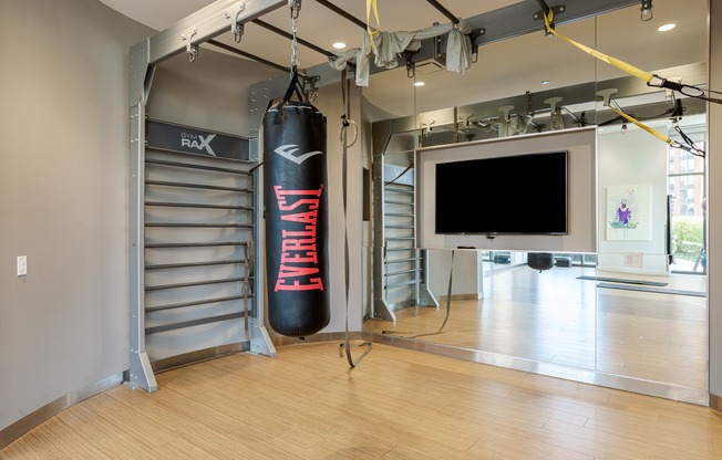 A gym with a punching bag and a television.