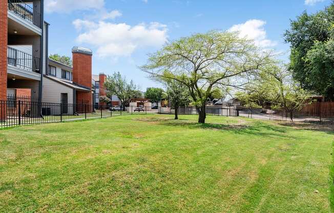 Open grassy dog park with mature trees and fenced community grounds at Heritage at Valley Ranch.