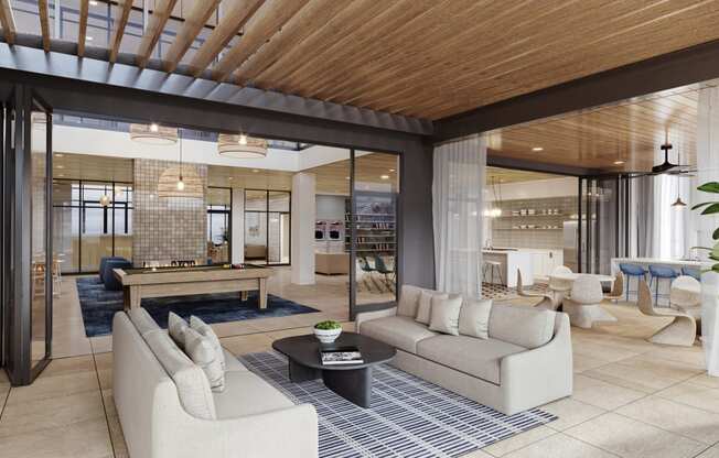 a rendering of the clubhouse at the flats at big tex apartments in san antonio