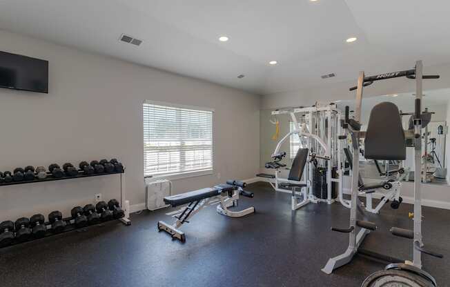 gym with weights and cardio equipment at the preserve at great neck apartments