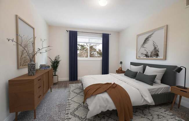 A bedroom with a large bed and a wooden dresser.