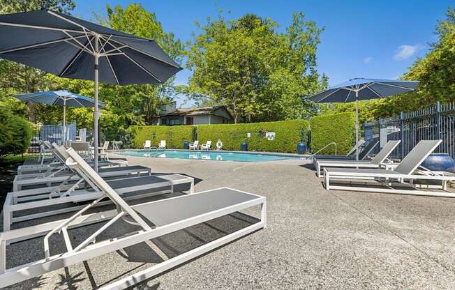 A sunny day at the pool with lounge chairs and umbrellas.