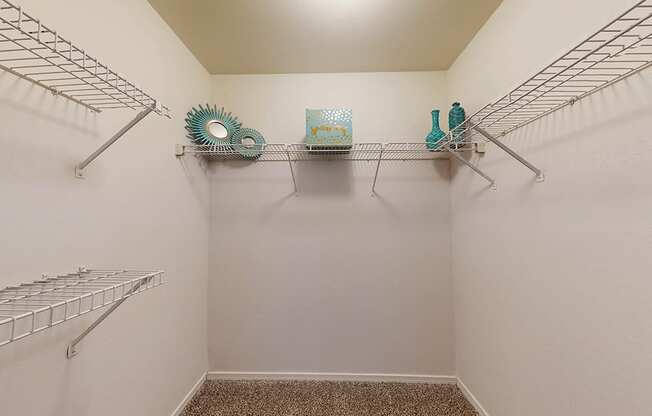 the spacious closets in the master bedroom are equipped with shelves and hooks