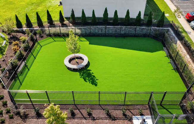 an aerial view of a dog park with green grass and a fountain