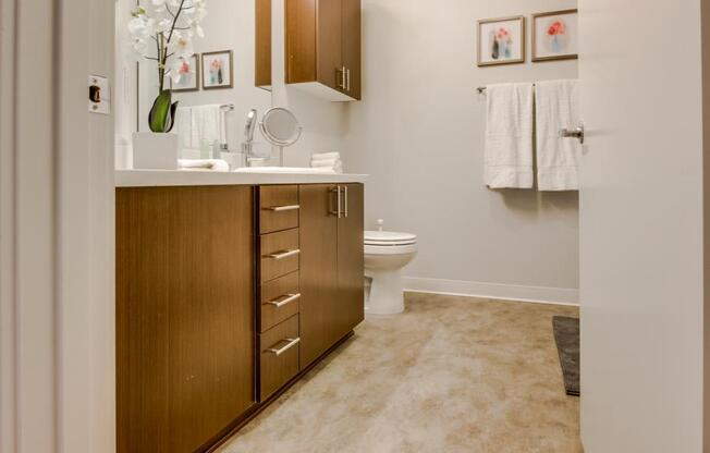 a bathroom with a toilet and a wooden cabinet