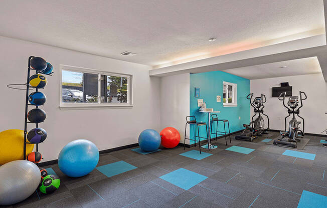 a workout room with balls and exercise equipment in a garage