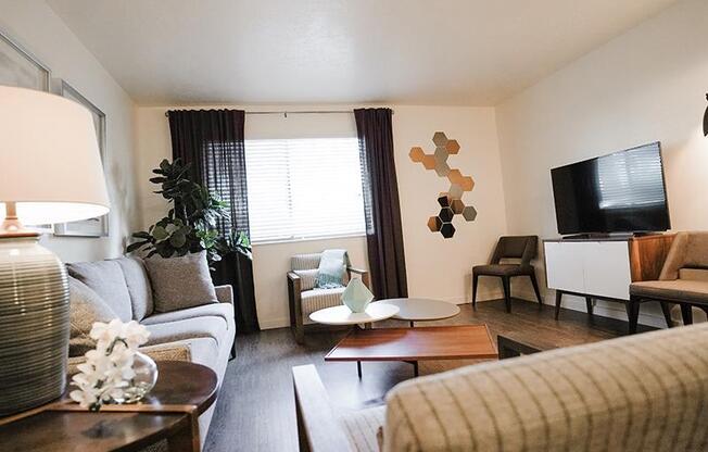 A living room with a grey couch, a wooden coffee table, and a television.