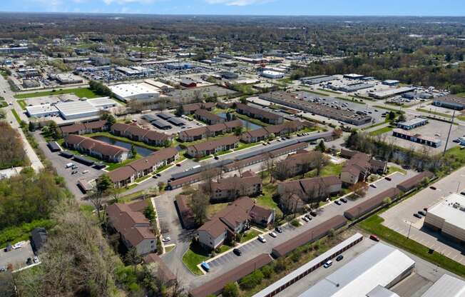 an aerial view of a neighborhood of houses in a city