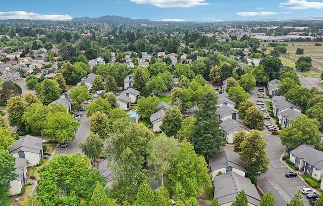 A bird's eye view of a residential area with houses and trees.