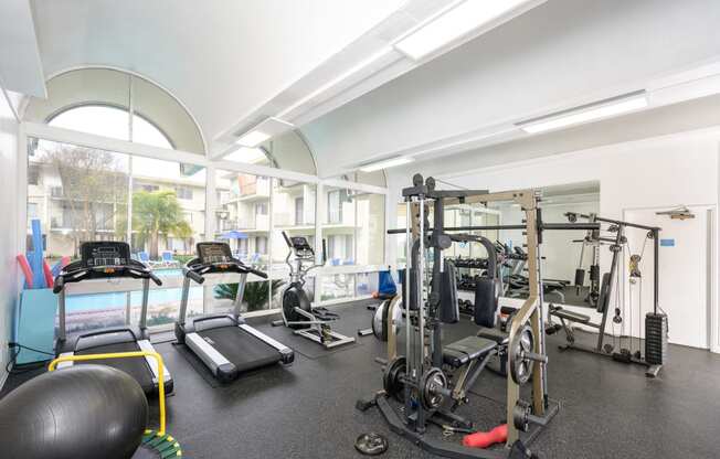 a gym with cardio machines and weights in a building with a large window