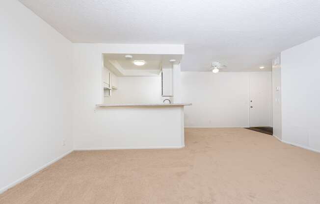 an empty living room and kitchen with white walls and carpet