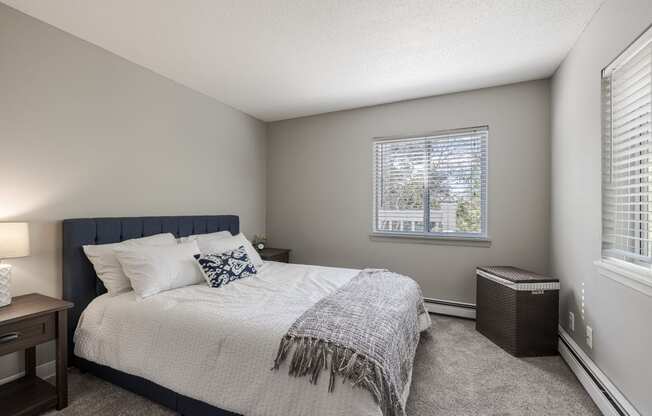 a bedroom with a large bed and a window