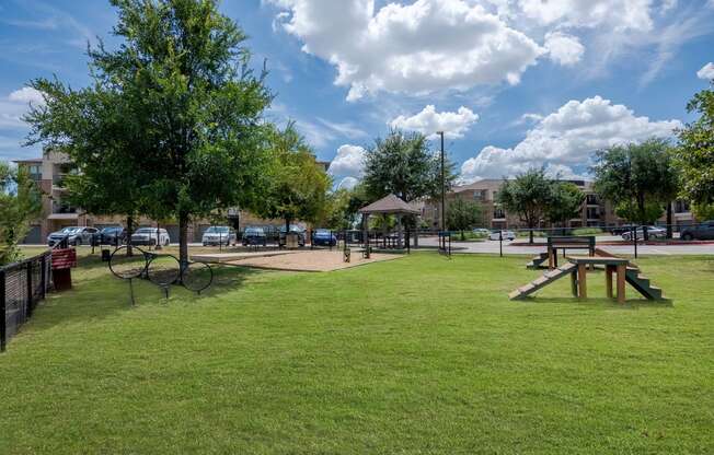 a park with a picnic area and a playground