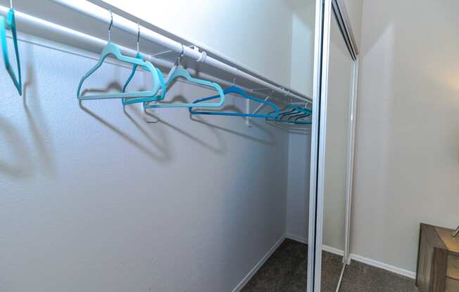 a walk in closet with a mirrored wall and blue hangers