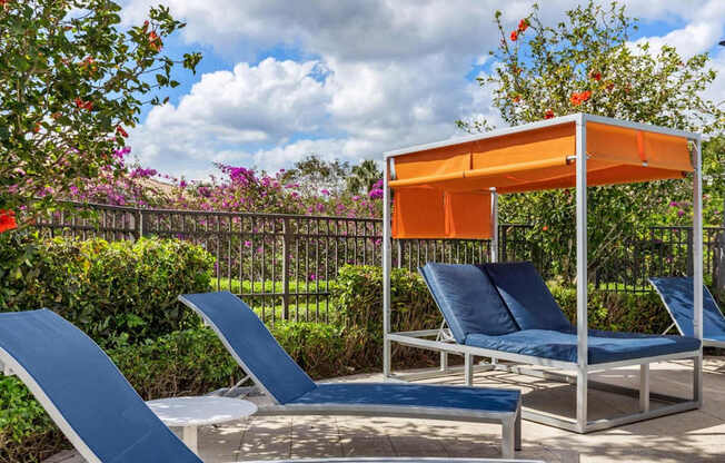 A sun lounger with a blue cushion and a white frame is in front of a fence and some trees.