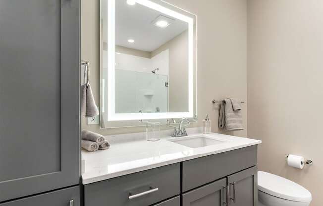 a bathroom with gray cabinets and a white sink