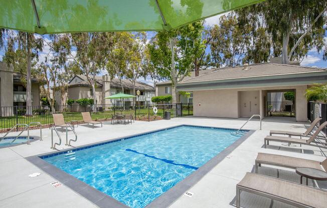 a pool next to a building