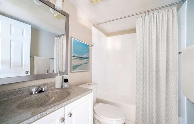 A bathroom with a toilet, sink, and shower.