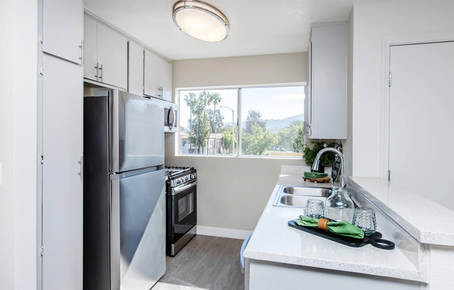 A modern kitchen featuring stainless steel appliances, including a refrigerator and a gas stove. The countertop is white with a sink and glassware on it. Natural light streams in through a large window with a view of palm trees and mountains in the background. The cabinetry is sleek and contemporary.