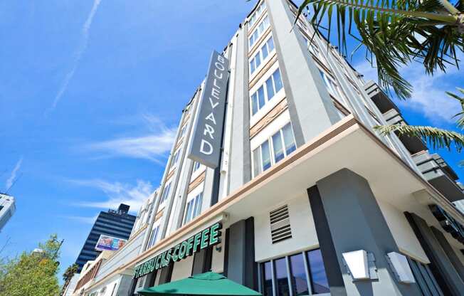 Boulevard on Wilshire Exterior Building View with Starbucks Coffee Shop