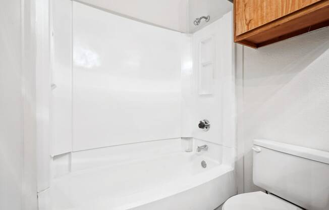 a bathroom with a white bathtub and a white toilet