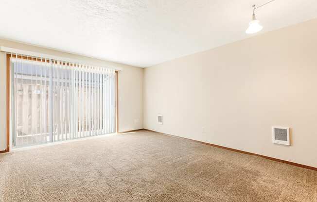 a bedroom with a sliding glass door and a carpeted floor