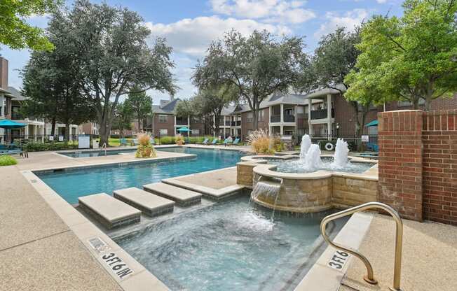 A pool with a waterfall and a bench labeled 3176.