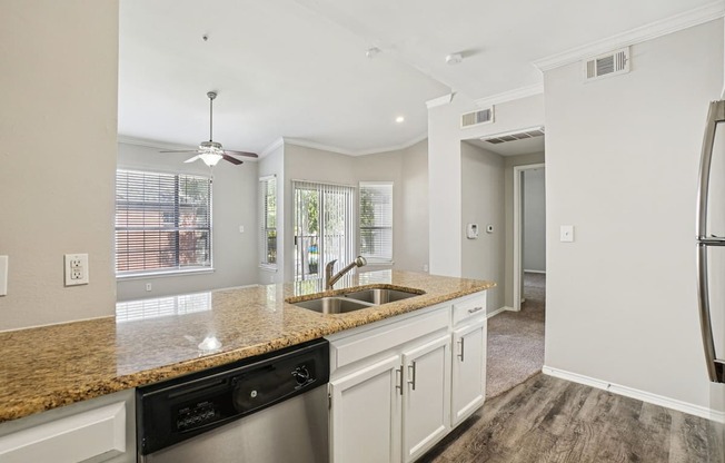A kitchen with a granite countertop and stainless steel appliances.