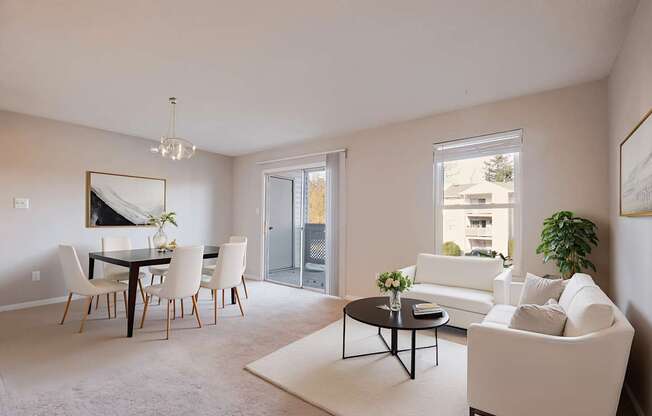 A living room with a white couch, a dining table with chairs, and a chandelier.
