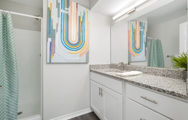 the preserve at ballantyne commons bathroom with granite counter top and shower