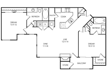 2 beds, 2 baths, 1,056 sqft, $1,429