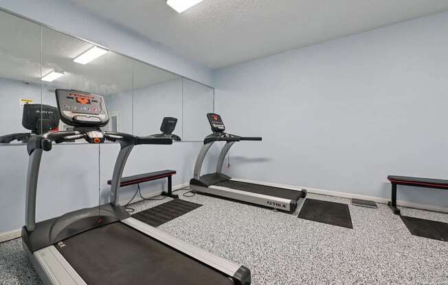 A gym with treadmills and elliptical machines.