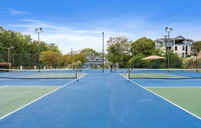 two tennis courts on a sunny day with houses in the background