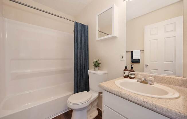 A bathroom with a white toilet, sink, and bathtub.