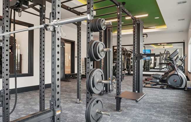 A gym with a green ceiling and a variety of equipment.