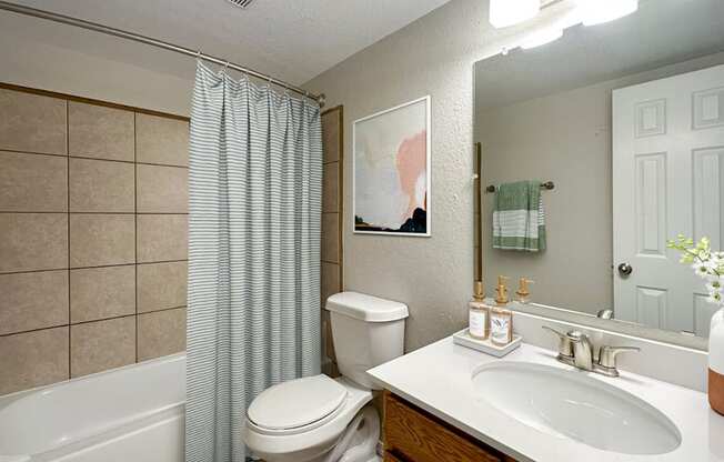 Updated bathroom with shower curtain and decorative mirror in Aurora CO rental.