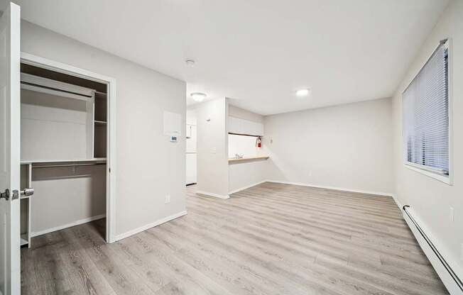 A room with a white ceiling and a wooden floor.