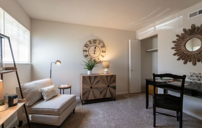 This is a photo of the bedroom in the 822 square foot, 2 bedroom, 1 bath floor plan at Village East Apartments in Franklin, OH.