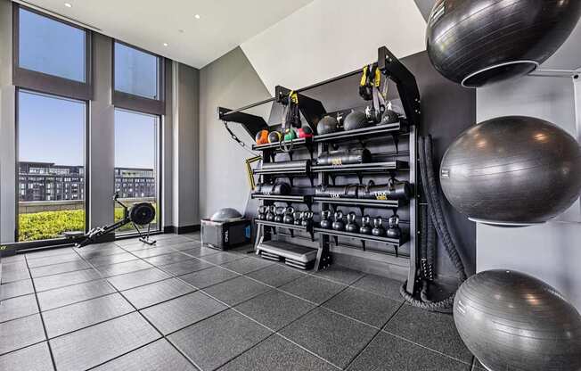 A gym with a black weight rack and a black mat.
