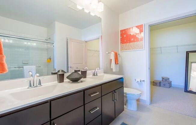 A bathroom with a white sink and black cabinets.