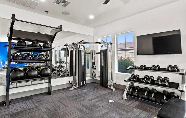 A well-equipped gym with a variety of exercise equipment.