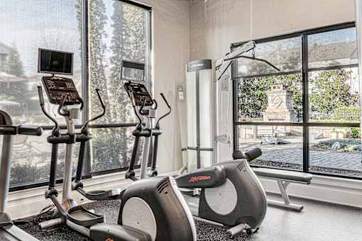 A gym with treadmills, elliptical machines, and a view of a courtyard through the windows.