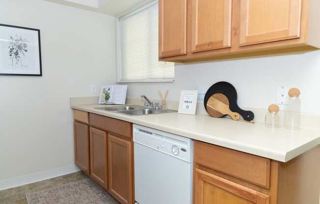 a kitchen with a sink and a dishwasher and wooden cabinets