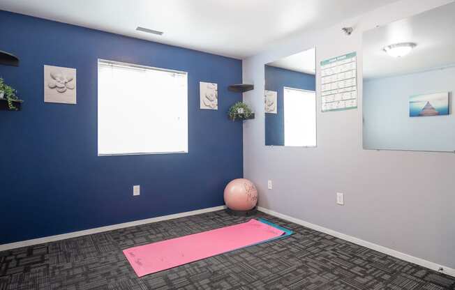 a yoga room with a pink yoga ball and blue walls