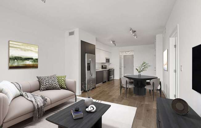 Spacious living area at MB Station apartments featuring modern finishes, abundant natural light, and a comfortable open floor plan near Coral Gables and Downtown Miami.