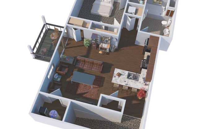 a 3d floor plan of a house with a bedroom and a living room