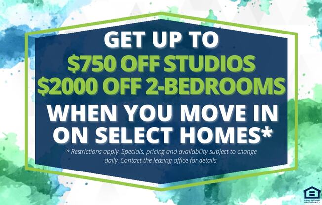 A promotional image offering discounts on studios and 2-bedroom homes.