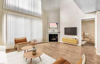 A living room with a fireplace and a television.