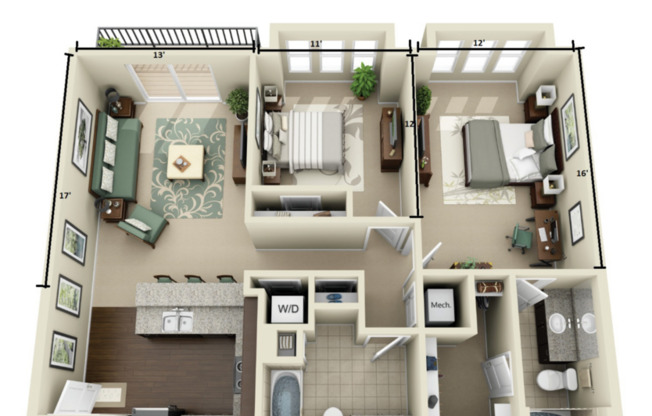 2 beds, 2 baths, 1,095 sqft, $1,677