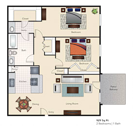 2 beds, 1 bath, 929 sqft, $1,244